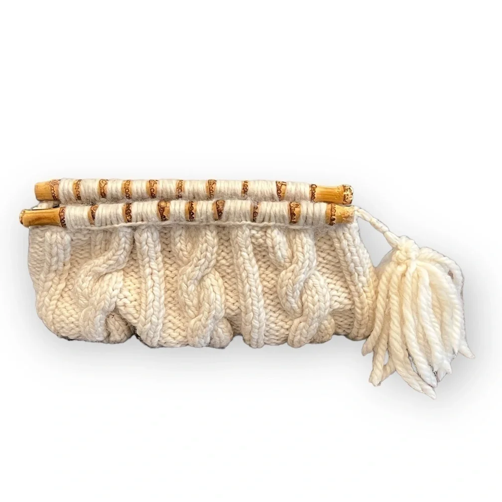 Handmade Wool Cableknit Sweater Bamboo Handle Tassle Clutch Bag Ivory
